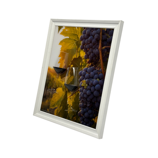 Perspektivische Ansicht eines gerahmten 3D-Kunstwerks aus Glas mit Weintrauben und Weingläsern, Wandkunst Weinlese